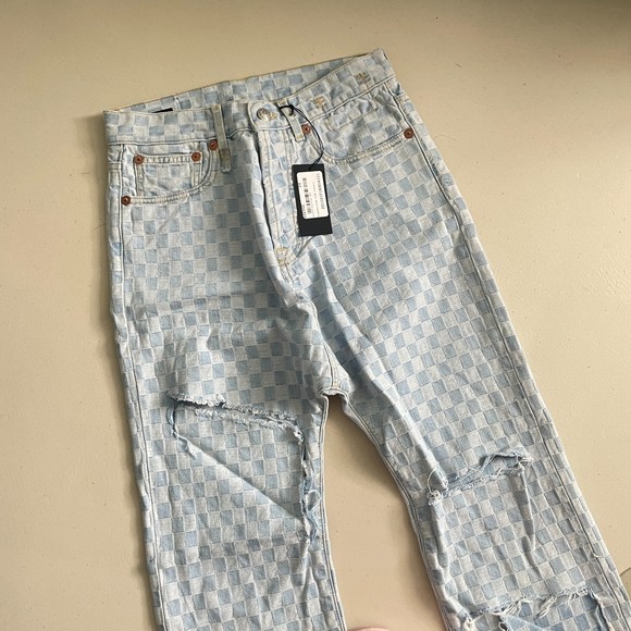 R 13 Denim High Waisted Straight Leg Distressed Jeans Light Blue 24 - Picture 5 of 9